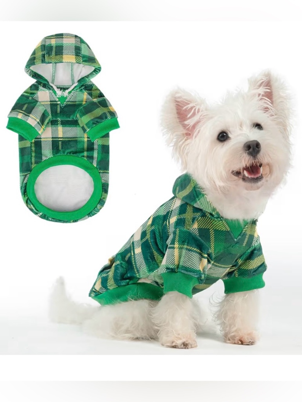 Green Plaid Fleece Dog Hoodie XS Cozy Puppy Sweater NWT 🐶💚🌲